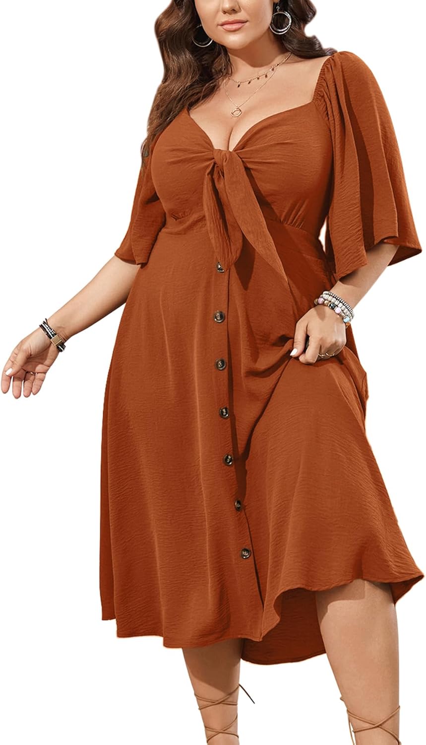 Plus Size Summer Dress with Bow Tie Deep V Neck Design