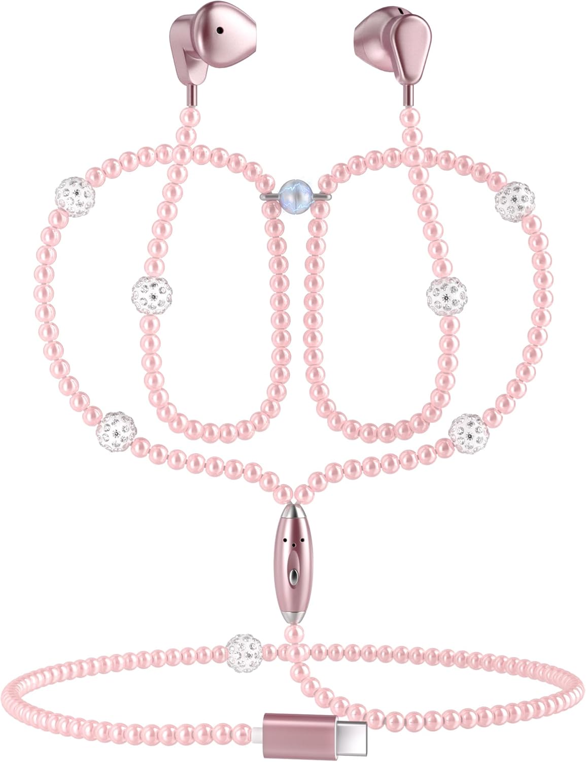 Pink Pearl Beaded USB C Earbuds: Control Noise for Girls