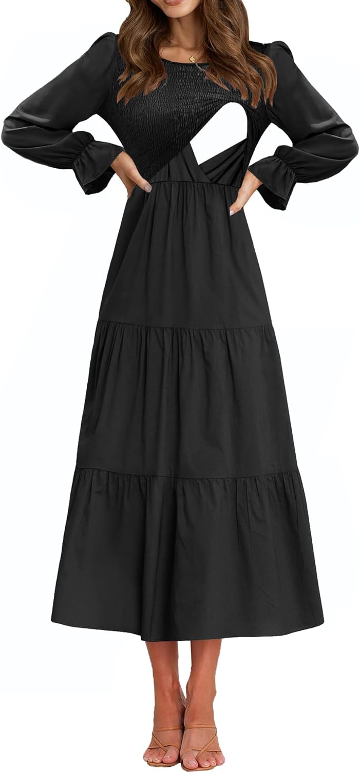 Women's Nursing Dress with Flounces Long Sleeve and Pockets