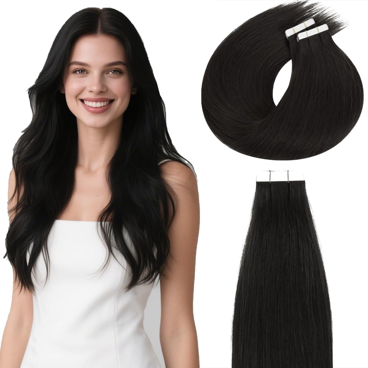 Lacer 20Pcs 50G Real Human Hair Tape in Extensions Natural Black