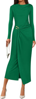 Women's Fall Cocktail Midi Dress with Cowl Neck - Elegant Ruched