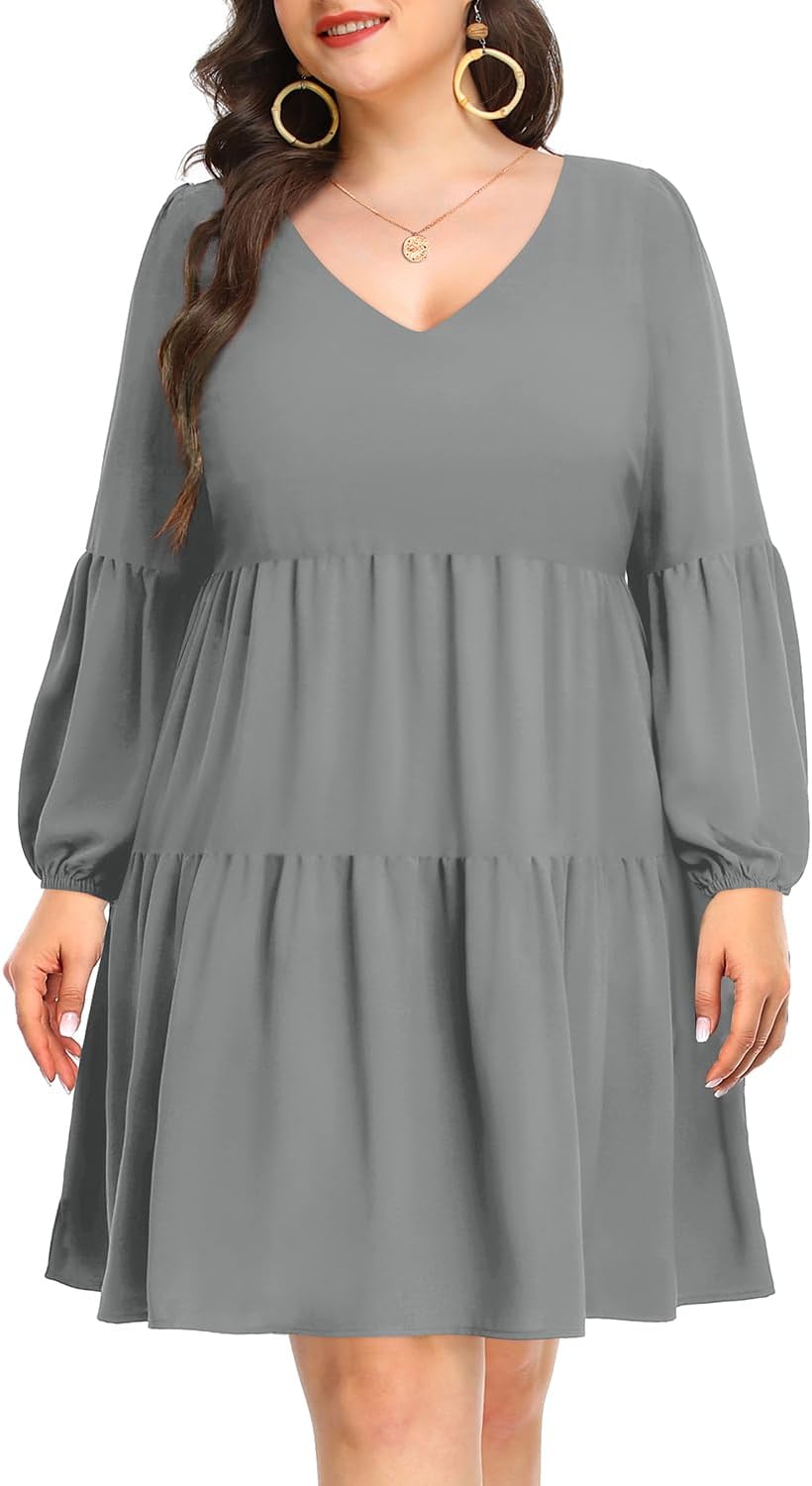 Plus Size Long Sleeve Fall Dress - Casual Babydoll Tunic Style