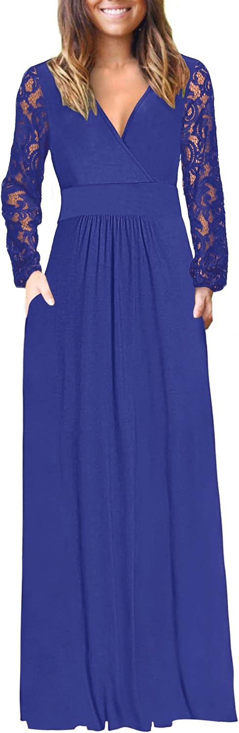 Womens Long Sleeve Maxi Dress with Lace Sleeves and Pockets