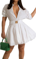 ENOPINK Womens Mini Dress Puff Sleeve High Waist Clubwear