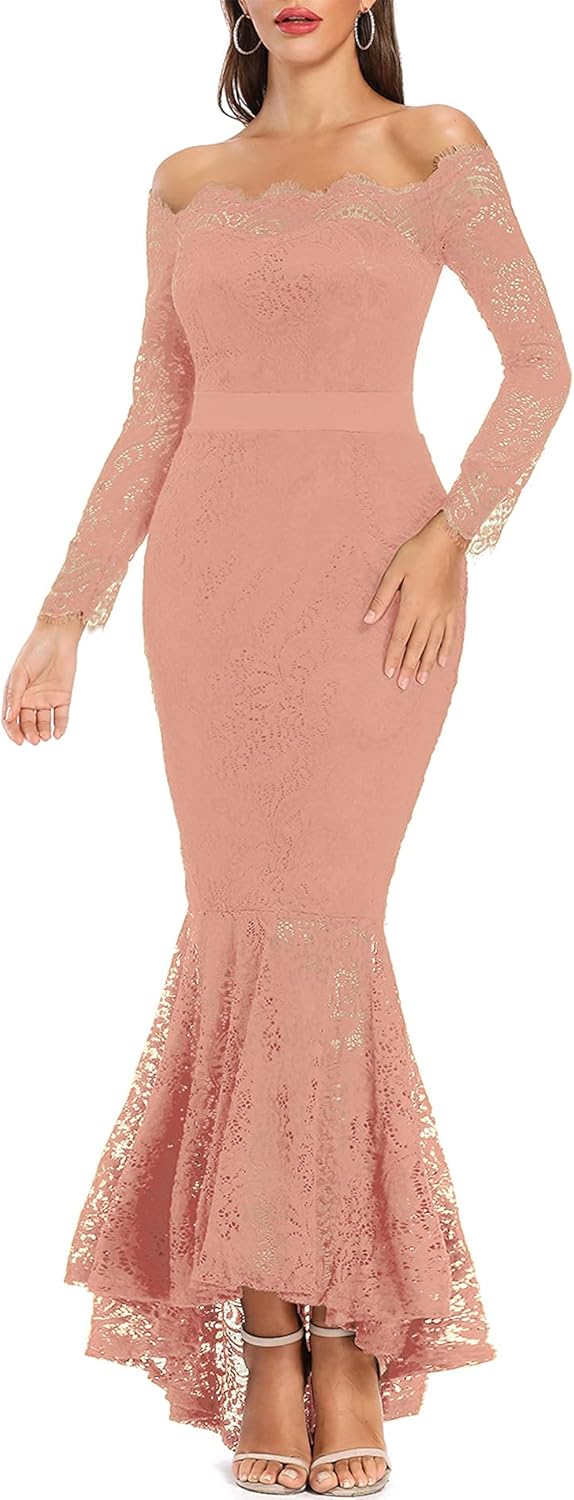 LALAGEN Women's Floral Lace Long Sleeve Off Shoulder Dress