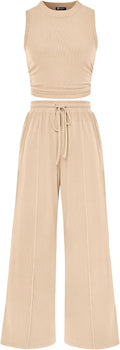 PRETTYGARDEN 2 Piece Ribbed Tank and Wide Leg Pants Set - Versatile