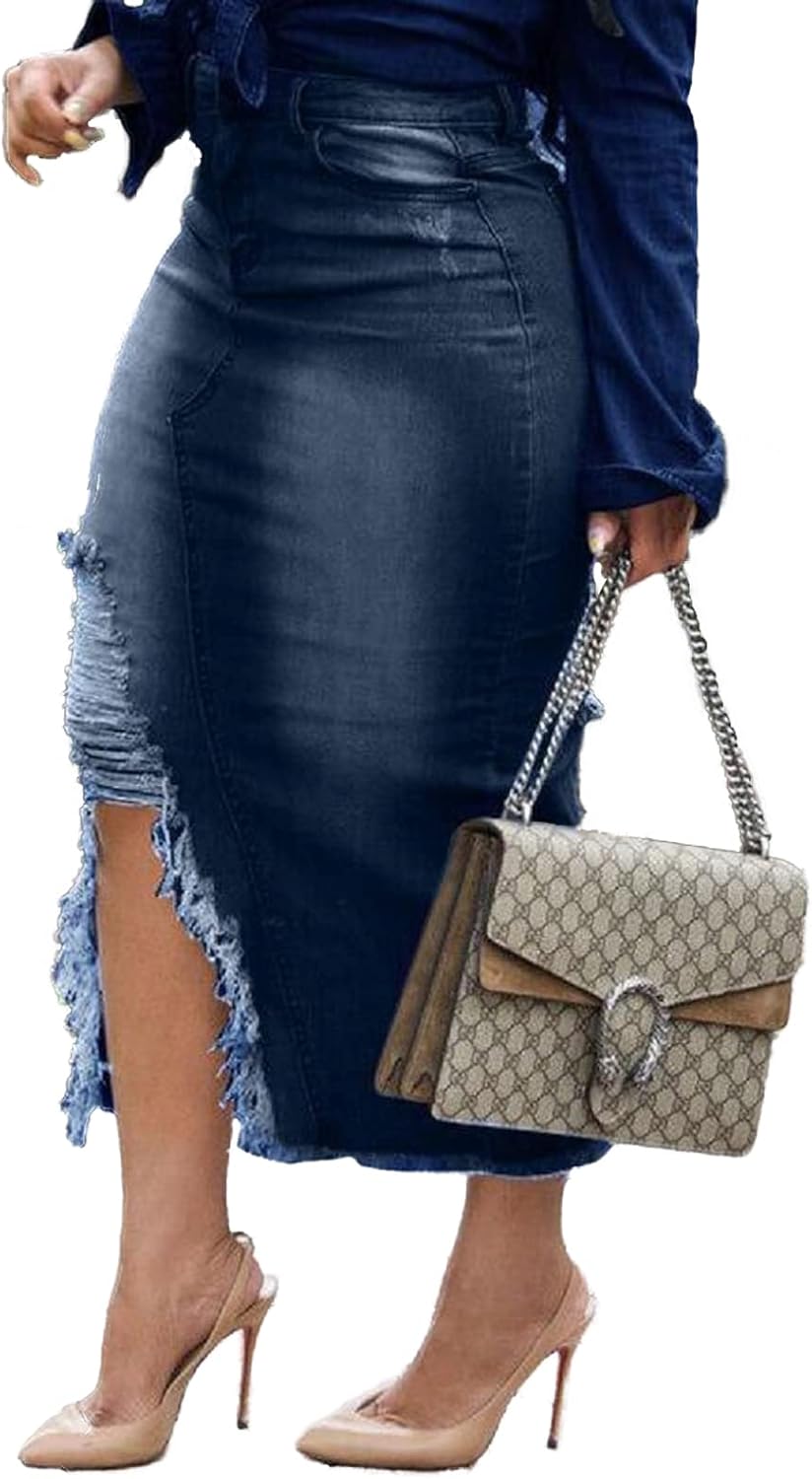 Women's Casual Slit Denim Midi Jean Skirt for Trendy Style