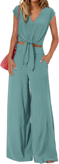 Women's Summer 2 Piece Outfits V Neck Belted Crop Top Wide Leg Pant