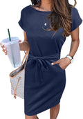 Women's Summer Striped Short Sleeve T Shirt Dress - Tie