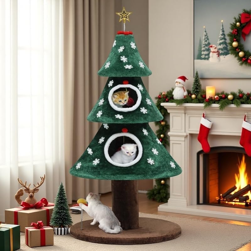 Christmas Cat Tree Tower with Cozy Houses for Indoor Cats