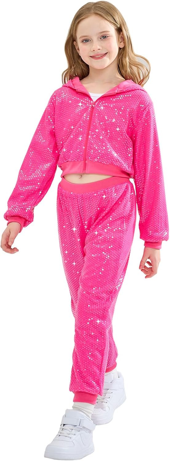 LOLANTA Girls Dance Outfits with Cropped Sequin Jacket & Pants