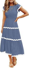 Women's Smocked Midi Dress with Rickrack Trim - Flowy Summer Fit