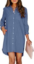 Womens Button Down Shirt Dresses with Pockets Cotton Tunic - High Low