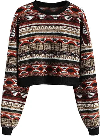ZAFUL Women's Tribal Ethnic Graphic Cropped Knitwear Sweater