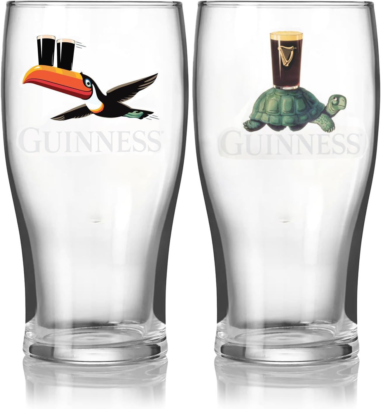 Guinness 20oz Tulip Pint Glass Set with Flying Toucan & Tortoise