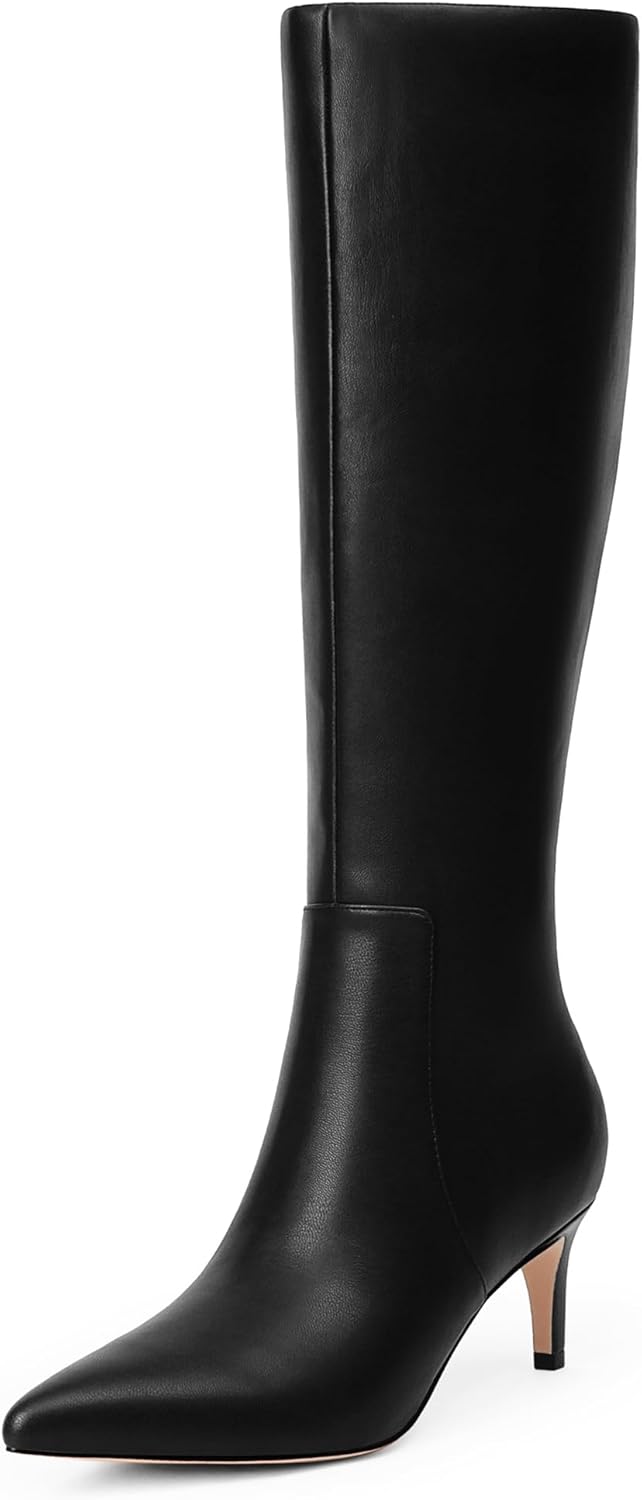 Knee High Boots Women Tall Pointed Toe Kitten Heel Side Zipper