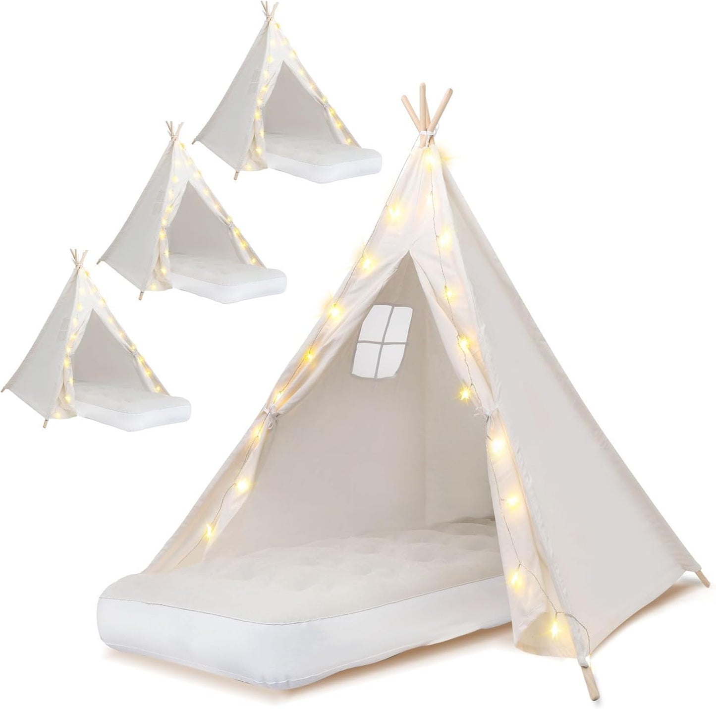4 Pack Teepee Tent for Kids with Light String and Airbed