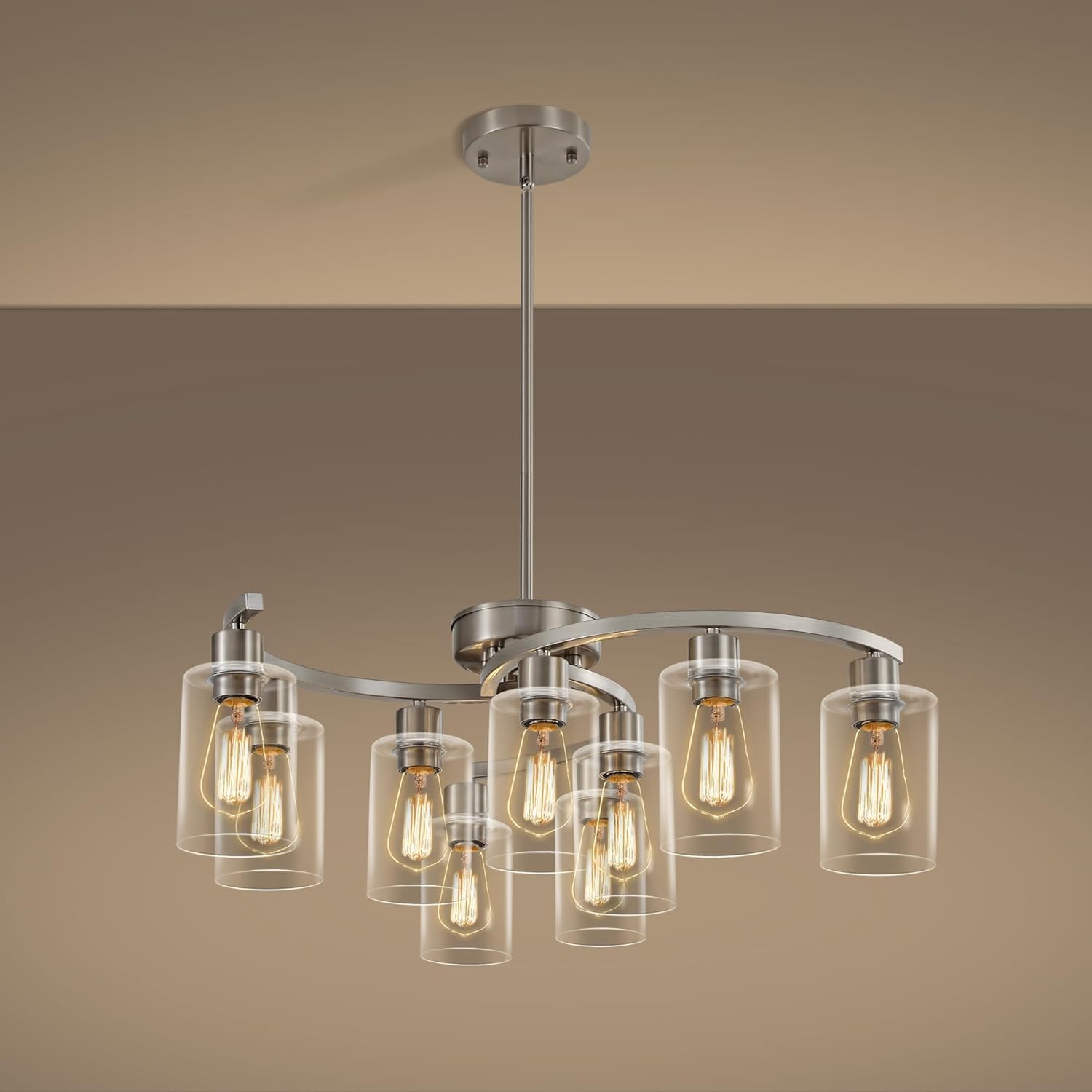 9-Light Brushed Nickel Glass Chandelier for Modern Dining Room