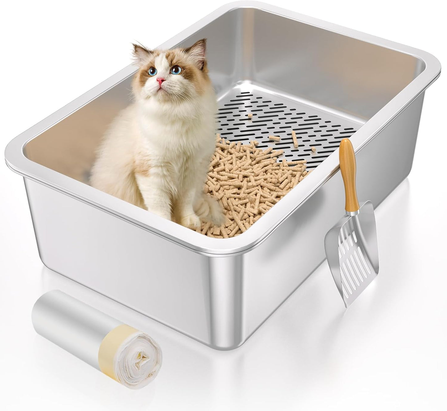 XL Stainless Steel Sifting Litter Box by Paulmele for Big Cats