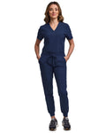 Women's Navy Scrub Set Petite - Jogger Pant & Tuck-In V-Neck