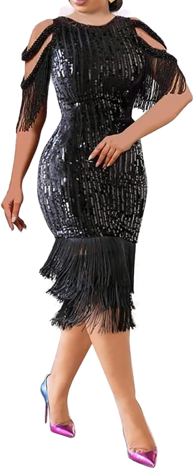 Cololura Sexy Elegant Women Sequin Bodycon Midi Dress Gown