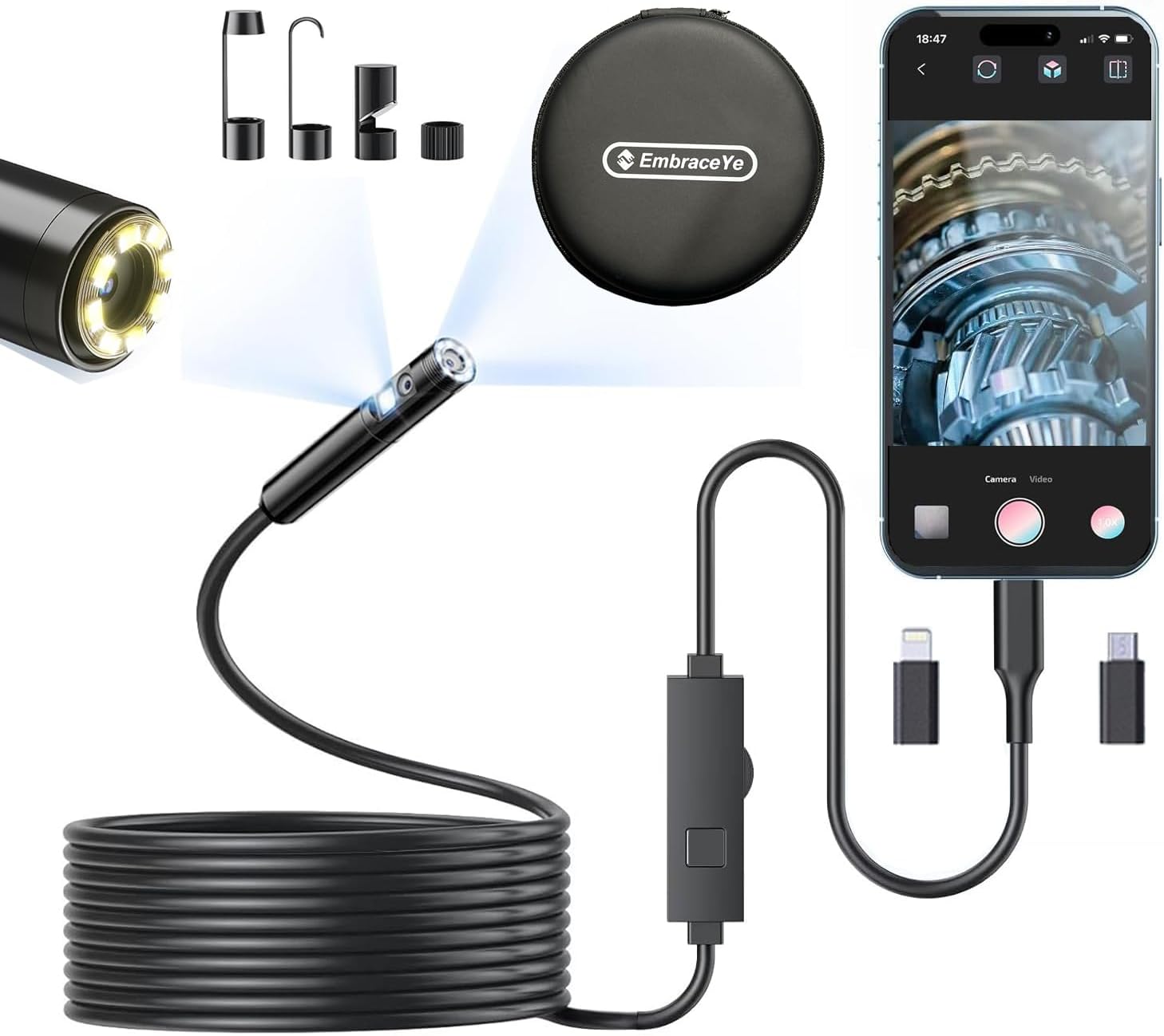 EmbraceYe HD Dual-Lens Borescope Camera - Compatible with iOS & Android - IP67 Waterproof