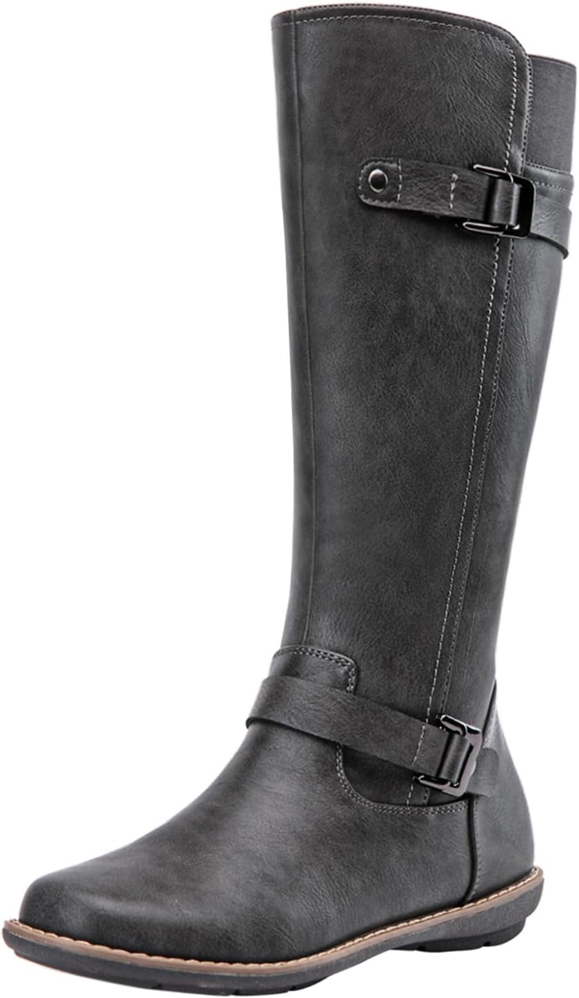 Jeossy Women's Knee High Boots with Buckle and Side Zipper