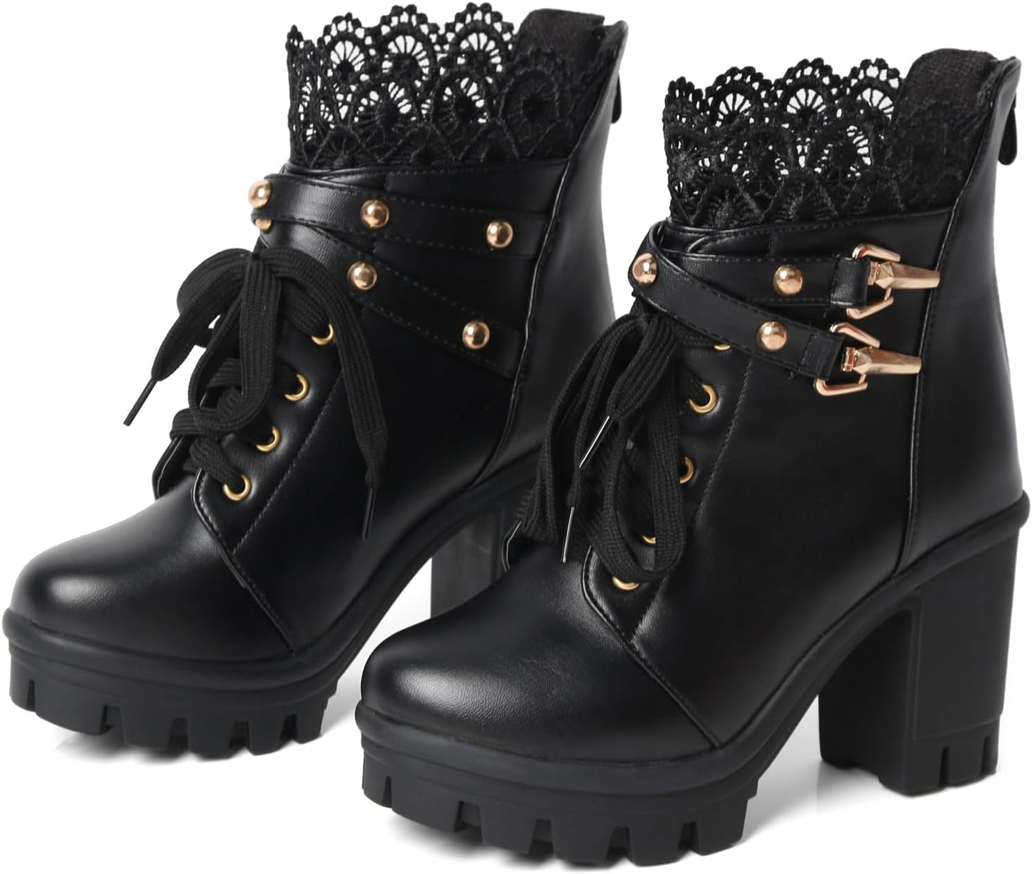 Goth Boots Chunky Heel Boot for Women with Rivets and Zipper