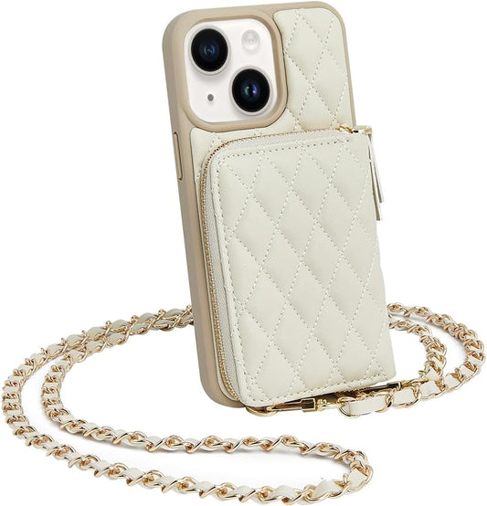 iPhone 14 Wallet Case with Crossbody Chain for Women - Beige
