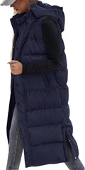 Long Puffer Vest for Women Quilted Hooded Button Down Zip Up - Warm