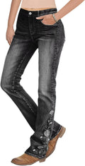 Flamingals Women's Floral Embroidery Mid Waist Bootcut Jeans