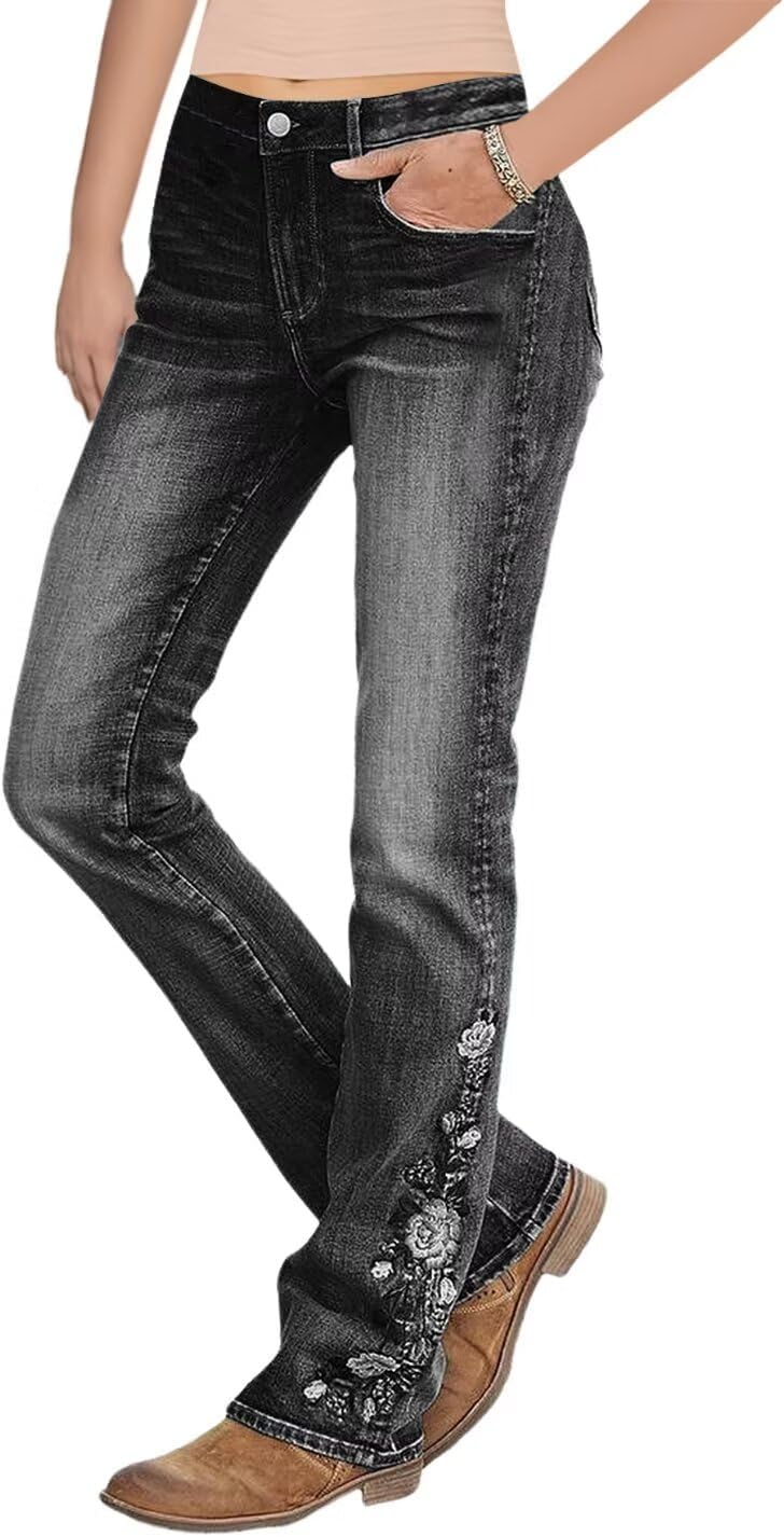 Flamingals Women's Floral Embroidery Mid Waist Bootcut Jeans