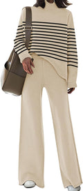 Womens Knitted 2-Piece Sweatsuit Set - Off the Shoulder Stripe Style