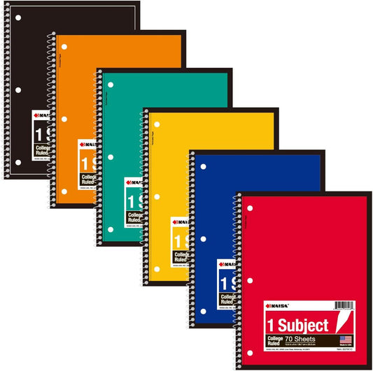 KAISA 6-Pack College Ruled Spiral Notebooks 10.5x8 - Ideal For Students & Office