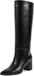 Knee High Boots Women Chunky Heel Pointed Toe Tall Pull-On - Sleek