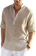 Cotton Linen Henley T-Shirt Long Sleeve - Lightweight Beachwear
