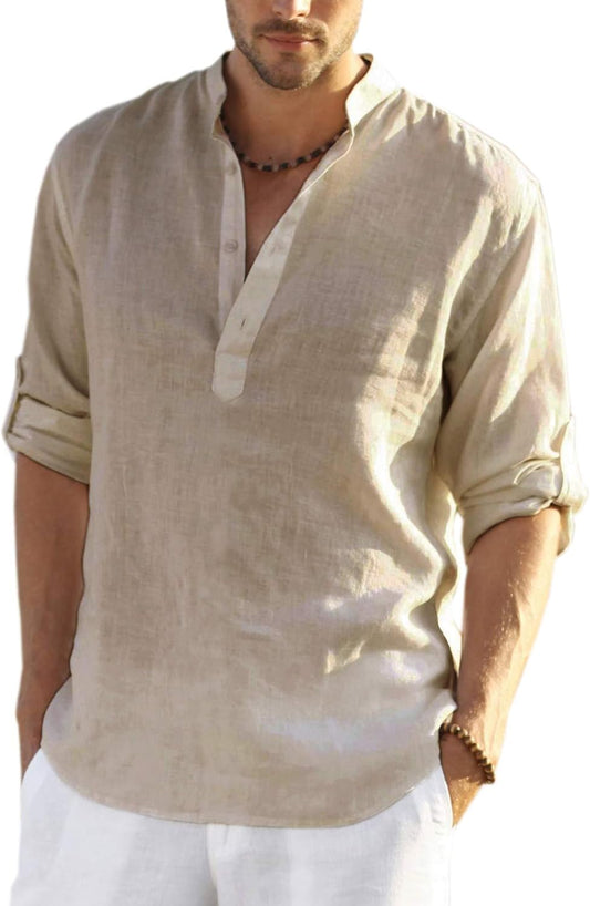 COOFANDY Men's Cotton Linen Henley T-Shirts for Casual Style