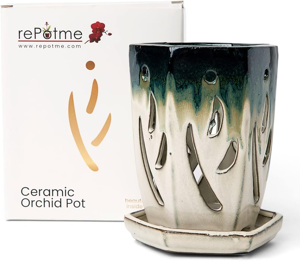 rePotme Ceramic Orchid Pot - Evergreen Emerald Over Cream