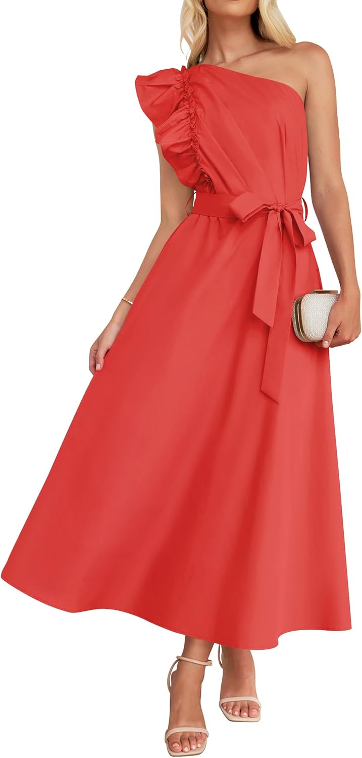 ZESICA Women's One Shoulder Ruffle Maxi Dress for Summer Fun