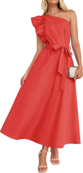 Women One Shoulder Ruffle Maxi Dress - Flowy Summer Empire Waist