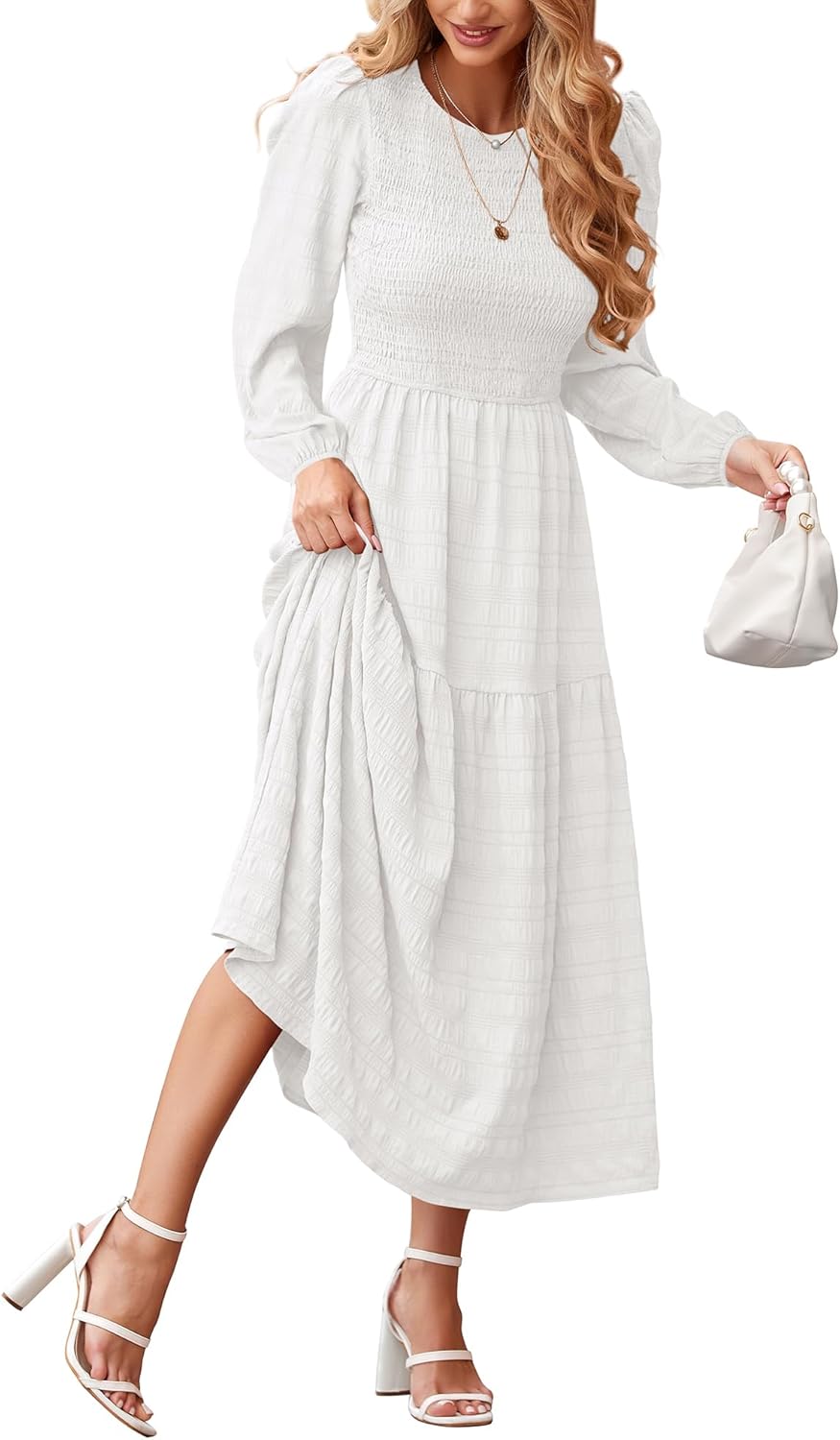 dowerme Women's Puff Long Sleeve A-Line Maxi Dress for Fall