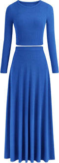 Women Ribbed Knit 2 Piece Skirt Set - Crop Top and Maxi Skirt