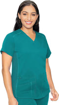 V-Neck Scrub Top for Women with 4 Pockets - Rib Knit Side Panel