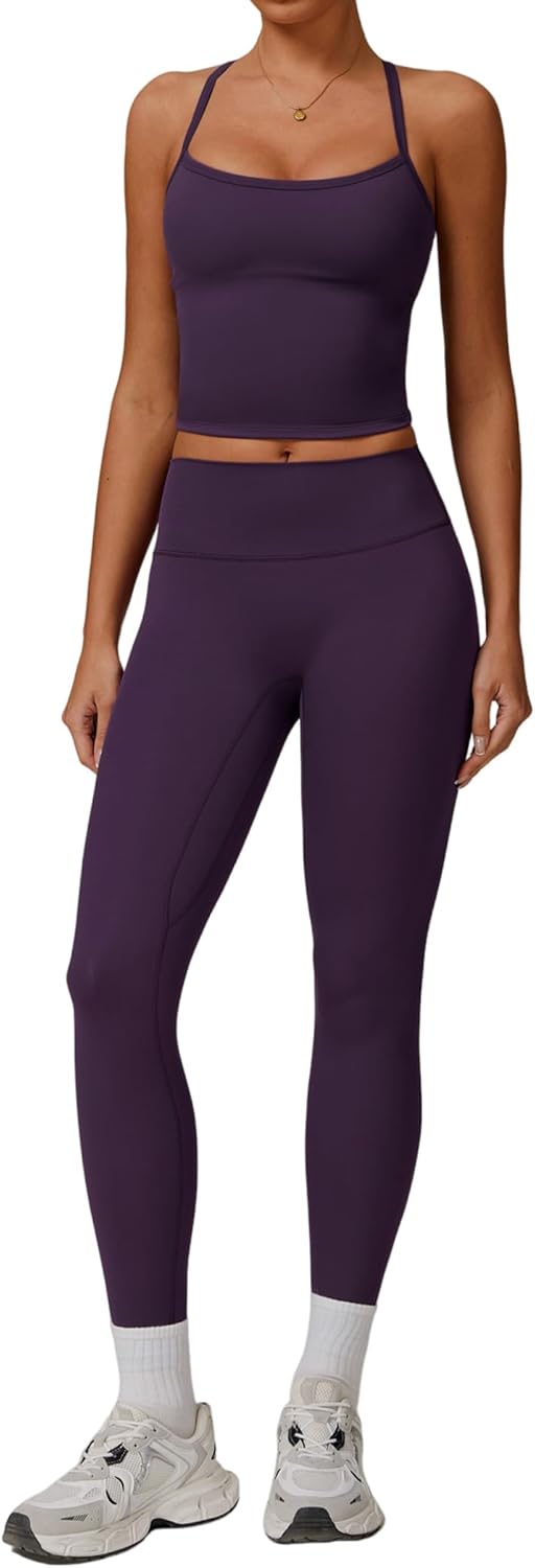 Womens Workout Sets Two Piece Cross Back Tank Top Leggings