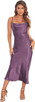 Women's Satin Slip Cowl Neck Midi Dress - Sleek Party Style