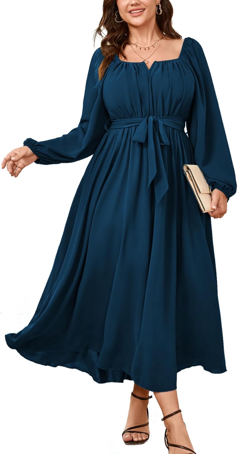 Elegant Plus Size Maxi Dress for Women - Long Sleeve A Line