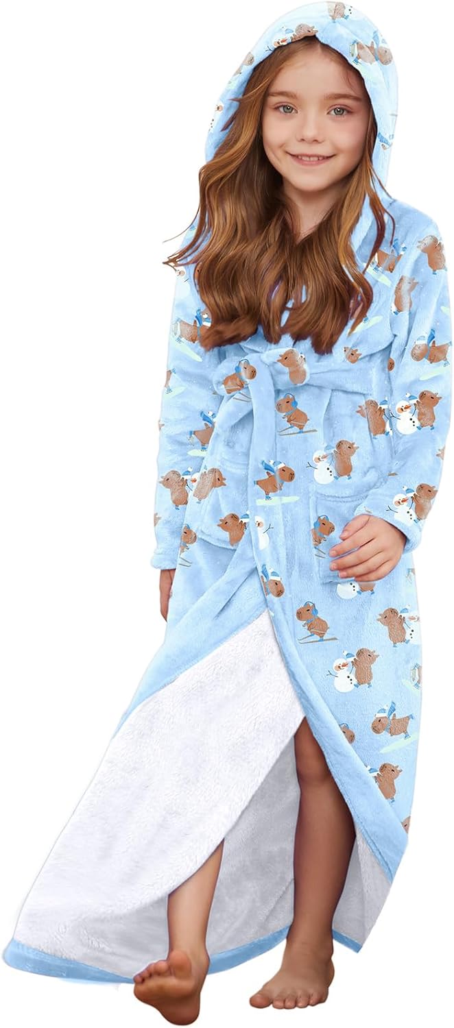 Jxstar Girls Bathrobes Long Hooded Plush Coral Fleece Sleepwear