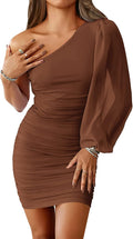 One Shoulder Long Sleeve Ruched Bodycon Dress - Flattering Fit BTFBM