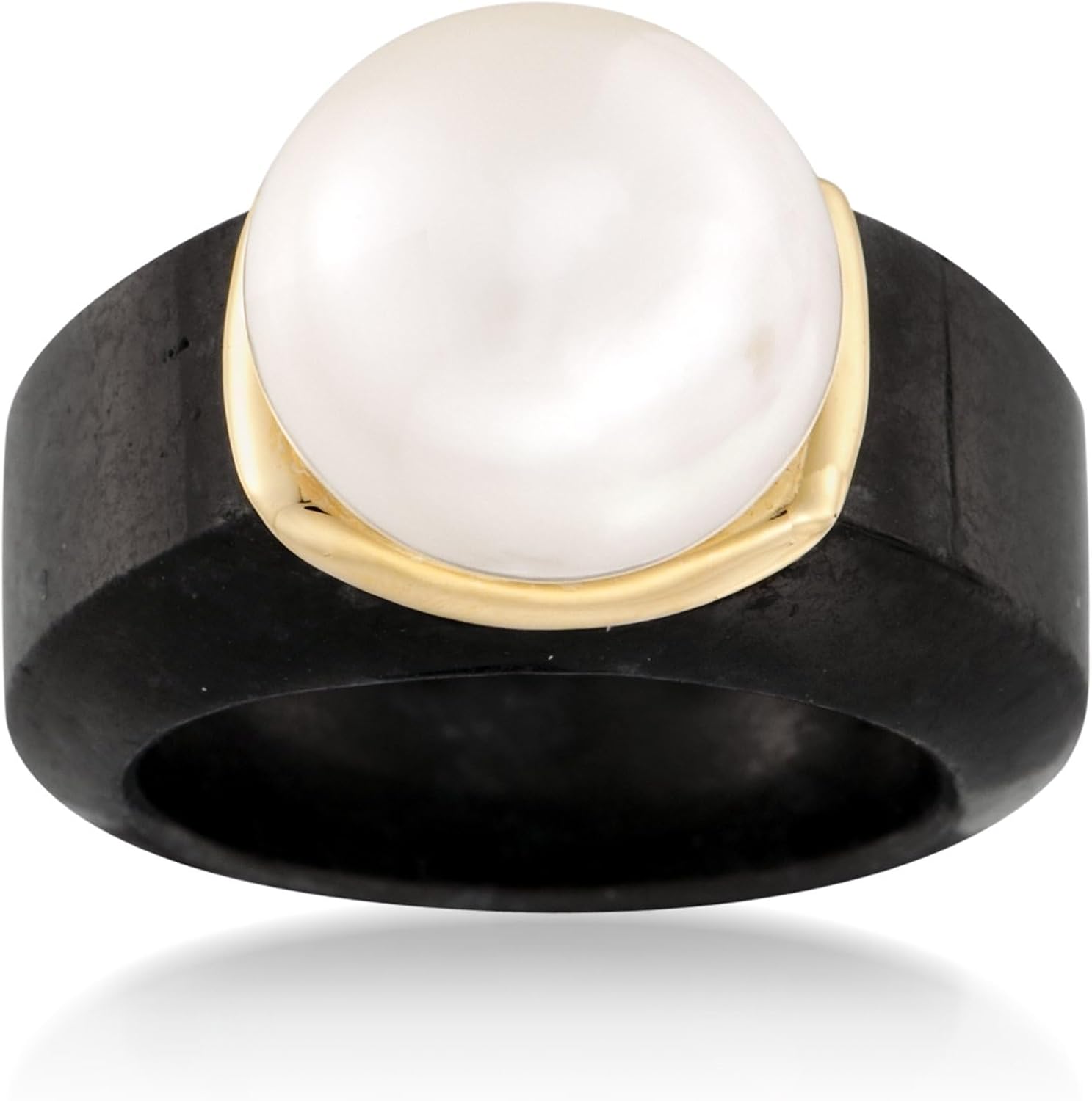 Cultured Pearl and Black Jade Ring in 14kt Yellow Gold