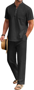 Men's Cotton Linen 2 Piece Henley Set - Lightweight Summer Outfit are